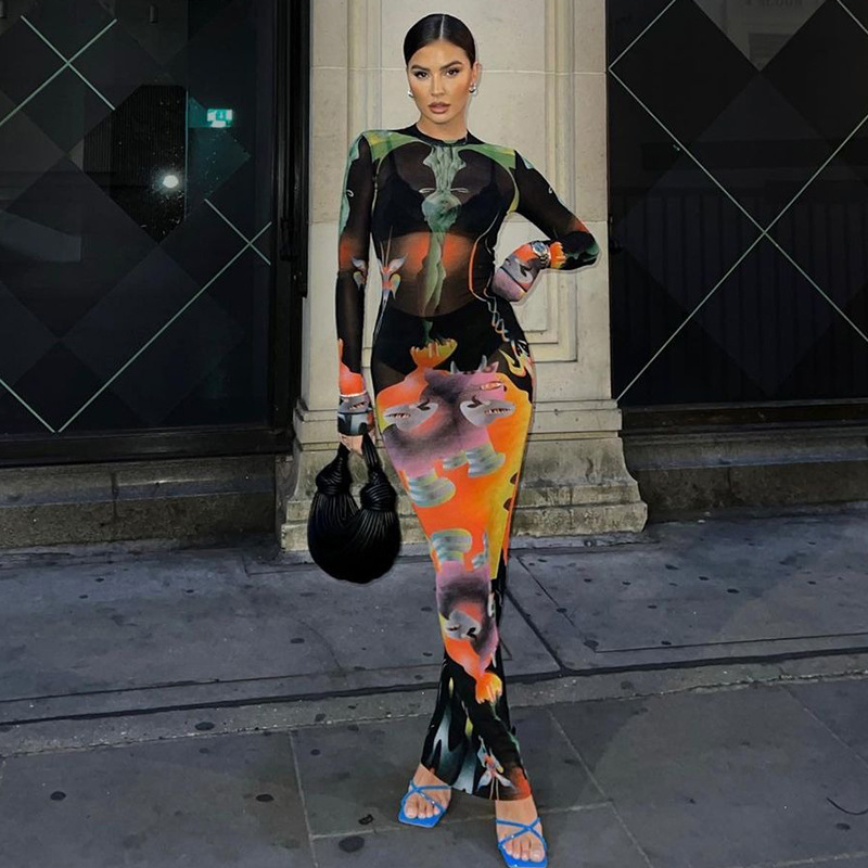 Robe longue imprimée pour femmes, nouvelle mode automne 2024, coupe ajustée, col rond, manches, tempérament_voghion.com