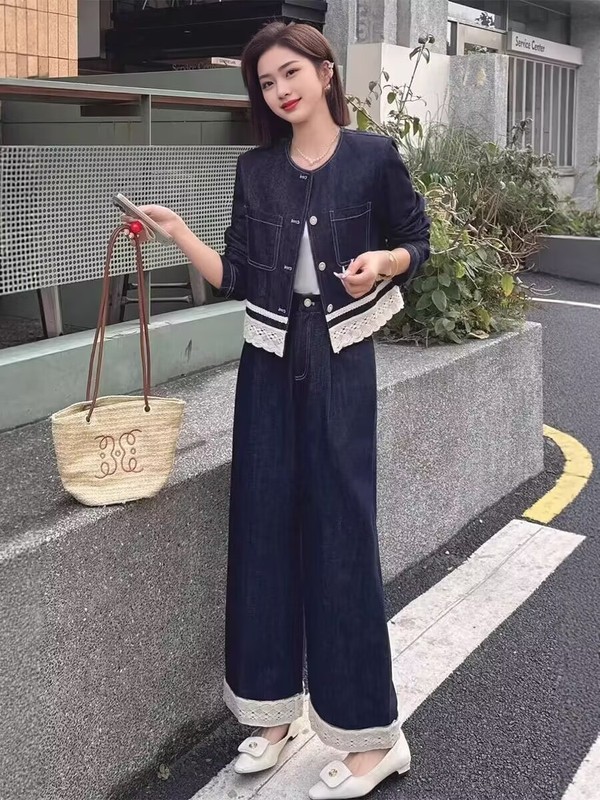 高端小香风套装2025爆款蕾丝花边外套阔腿裤两件套早秋穿搭一整套|undefined