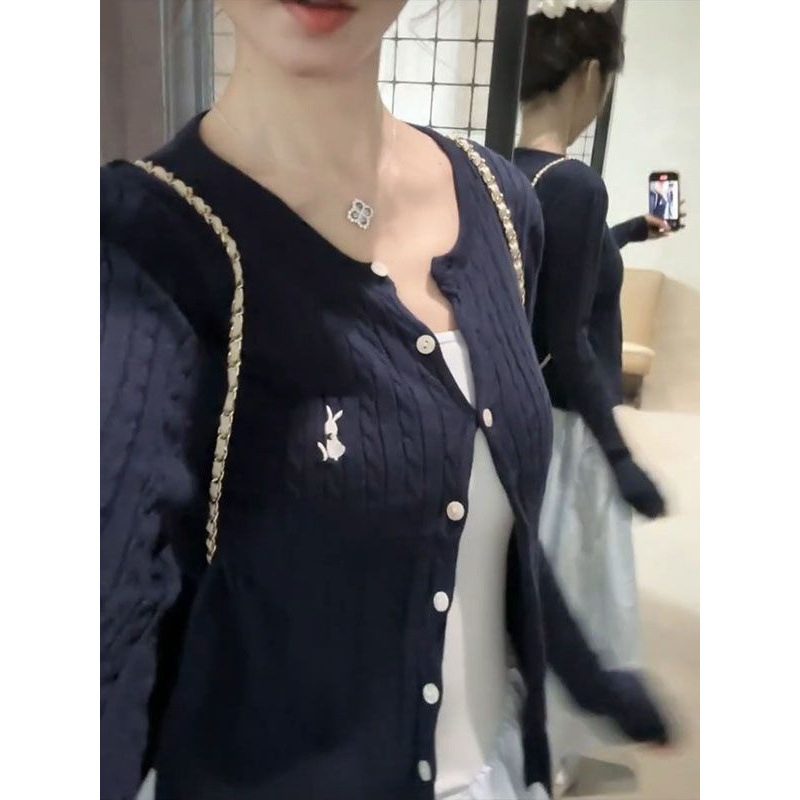 早春两件套装慵懒学院风藏青色麻花针织开衫女搭配浅蓝色连衣裙潮|undefined