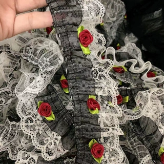 田园黑色欧根纱手工立体红色玫瑰花褶皱蕾丝花边公主娃衣diy装饰