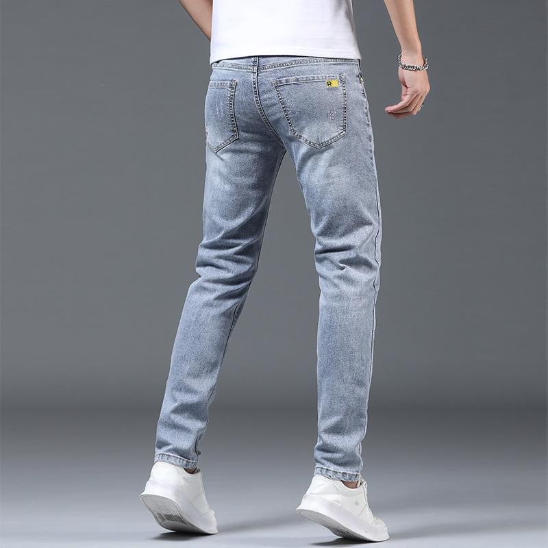Printemps et automne mince hommes jeans tendance polyvalent couleur claire minceur petite jambe coquin beau mode lavé décontracté_voghion.com