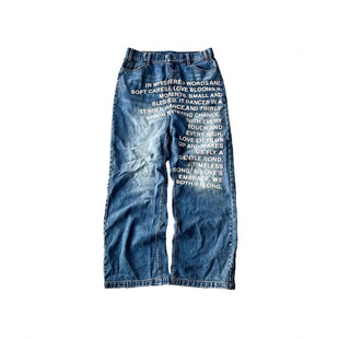 European and American Cross-border American Vintage Letter Pattern Washed Jeans Men's Loose Casual Street Vibe Trendy Straight