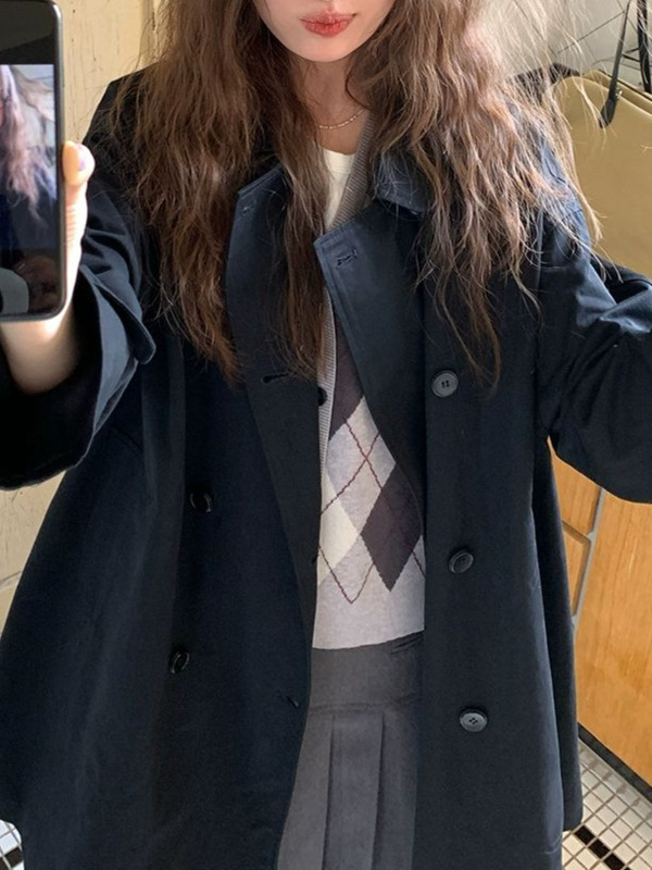RAIY 韩系设计感中长款娃娃领风衣春秋女宽松双排扣新款斗篷外套|undefined