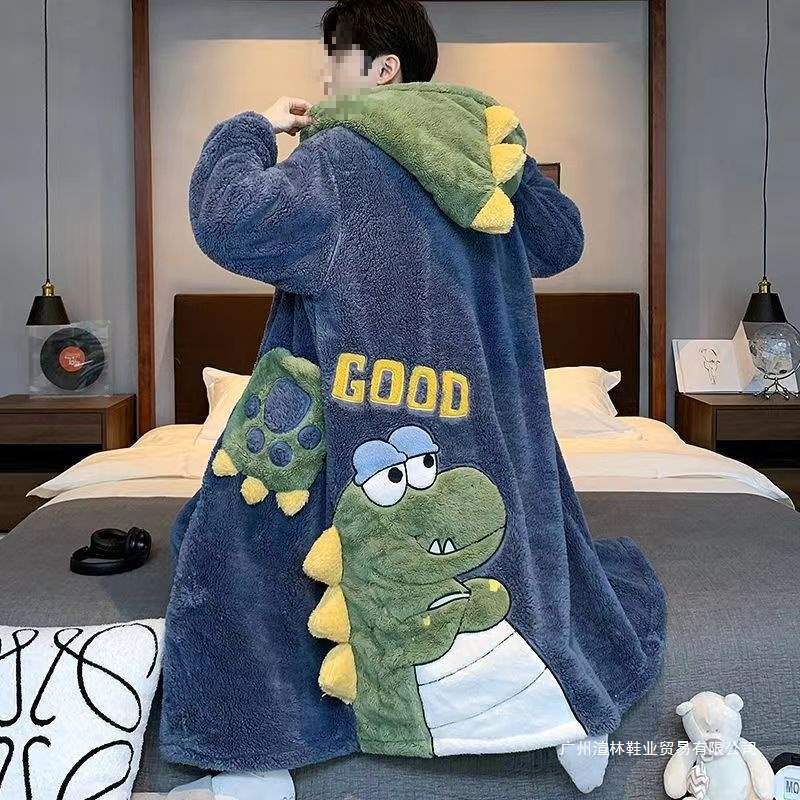 Dinosaur Coral Fleece Nightgown Men's Cute Four Seasons Warm Pajamas Set Mid-Length Autumn Bathrobe