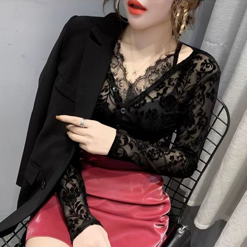 "Beflocktes V-Ausschnitt-Langarmshirt aus Mesh – Sonnenschutzbluse aus Hohlspitze für Damen"_voghion.com