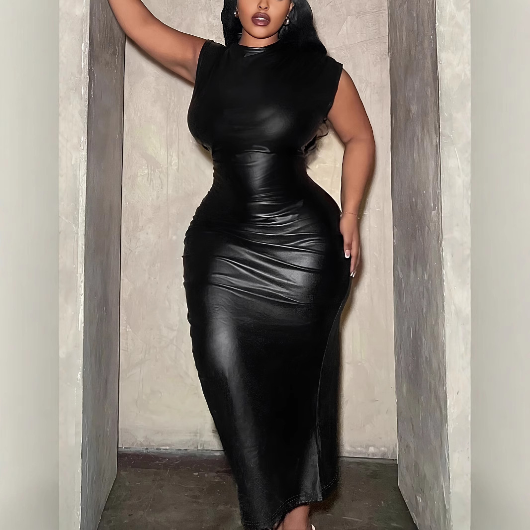 GraceChic 2025 New Cross-Border European And American Plus Size Women's Clothing Black Sleeveless Waist-Cinching_voghion.com