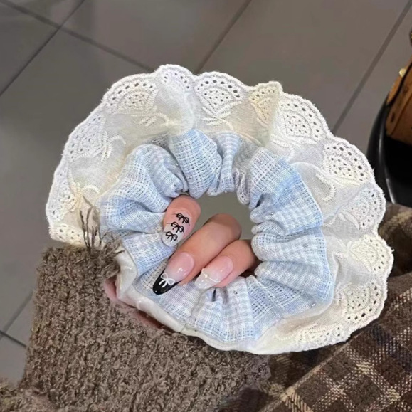 Encaje de flor coreana Encaje de intestino grueso Anillo de cabello femenino Cabeza de flor de viento pastoral Cuerda de cabeza de bola de gran tamaño Accesorios para el cabello de alta calidad