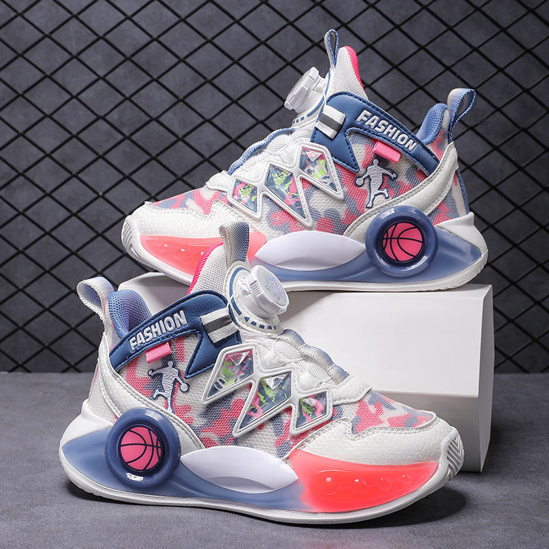 Basquete Infantil - Primavera Outono - Novo Tênis Esportivo Respirável com Botão Giratório para Meninos e Meninas_voghion.com