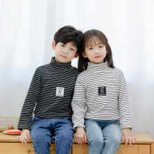 儿童打底衫秋冬厚保暖打底上衣男女童条纹高领长袖T单件加绒内搭