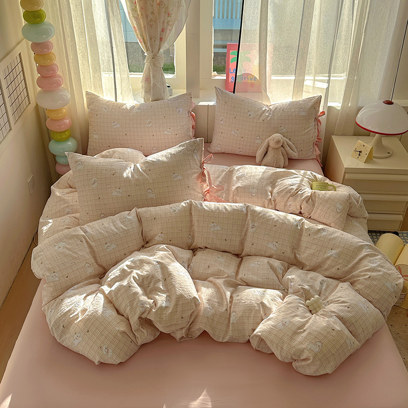 Ice Silk Cooling Duvet Cover Cotton Linen Fresh Cartoon Four-piece With Bow Ties, Girly Print Duvet Cover And Three-piece Bed Sheet Set_voghion.com