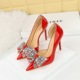 638-H21 Style Banquet Women's Shoes Super High Heels, Shallow Mouth, Pointed Toe, Lacquer Leather Side Hollow Water Diamond Bow Tie Single Shoe