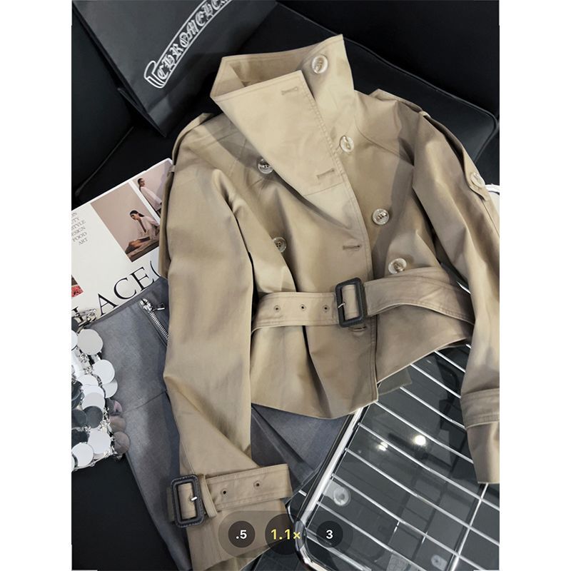 Korean Retro Cool Style Stand-Collar Khaki Short Trench Coat for Women, Double-Breasted, Petite Outerwear for Autumn