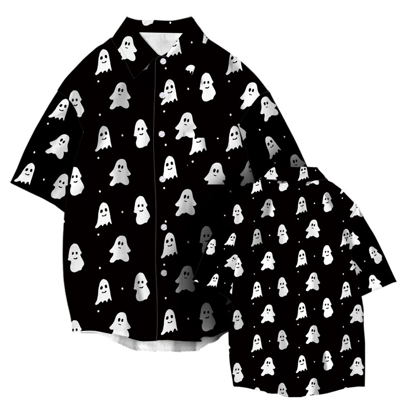 High Street Little Ghost 3D Printed Short-Sleeved Shirt Men's Dark Trendy Brand Loose Half-Sleeved Halloween Weird Ghost