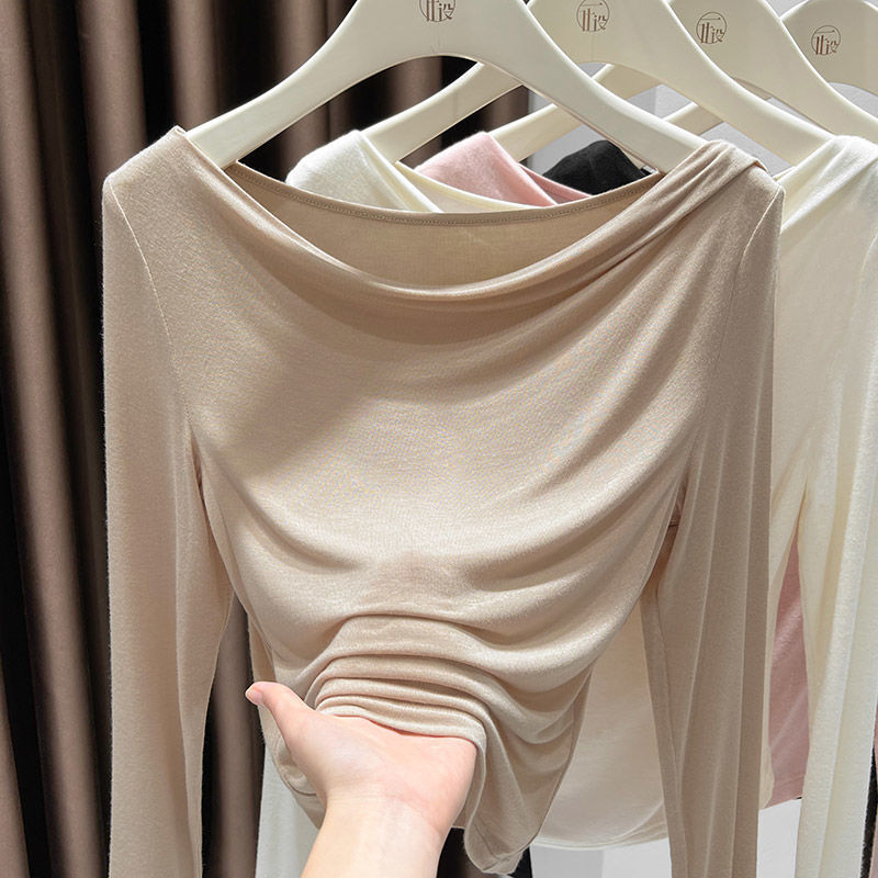 高級感のある長袖の肩のtシャツの女性の2024初秋の小さい大衆のデザイン感の斜めの肩は肩の上着を着ます。|undefined