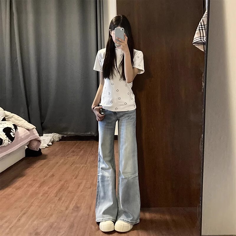 Light Blue Low-Waist Bootcut Jeans for Women 2025 Summer Thin Sexy Loose Draped Slim Floor-Length Horseshoe Pants