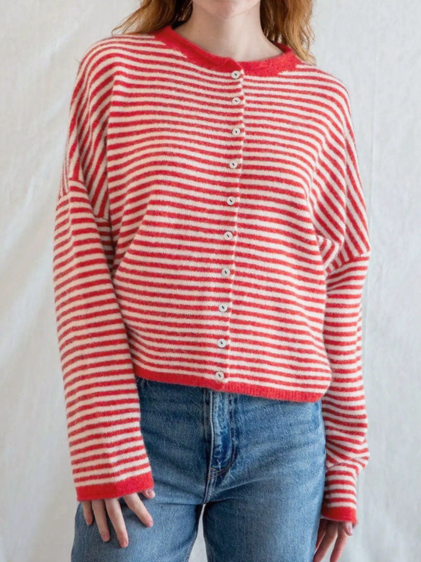 Women's Knit Striped Cardigan Casual Long Sleeve Round Neck Button Sweater Autumn Winter American Style Acrylic Polyester_ecoleips.com
