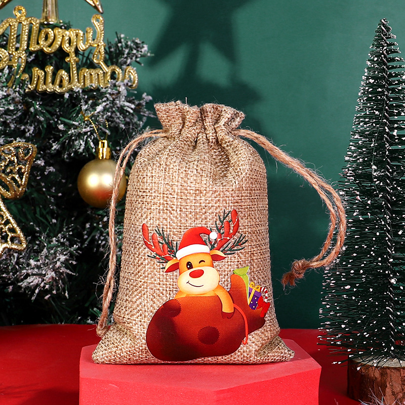 Transfronteriza nueva bolsa de lino de Navidad al por mayor bolsa de embalaje de caramelo con cordón decoraciones de Navidad bolsa de almacenamiento con cordón