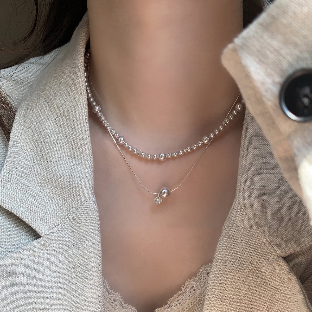 Collar colgante de perlas Shijia de circón ins temperamento elegante moda cadena de clavícula de todo fósforo ligero lujo collar de alta gama