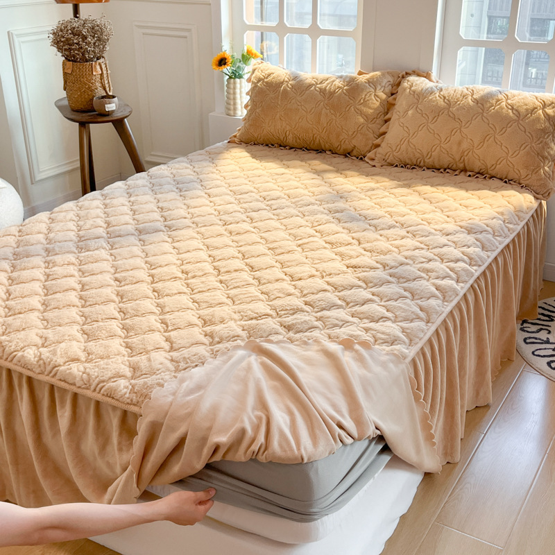 2024 nueva ropa de cama acolchada de lana de conejo estilo falda de cama