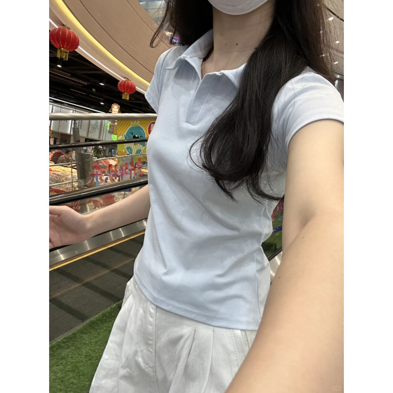 2025 新しい右肩ポロシャツ Tシャツ女性の夏半袖アメリカンレトロスリムウエスト痩身ラペルトップ|undefined