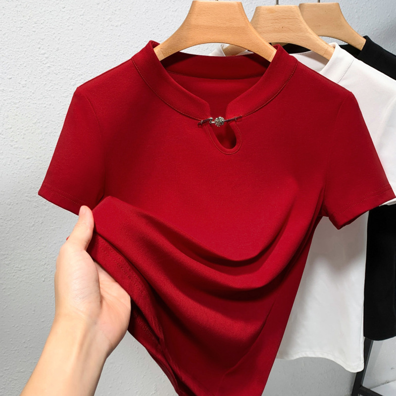 Camiseta de manga corta de cuello vertical mujer 2024 camiseta de algodón sólido diseño de estilo chino nueva chaqueta de verano de mujer china image 4