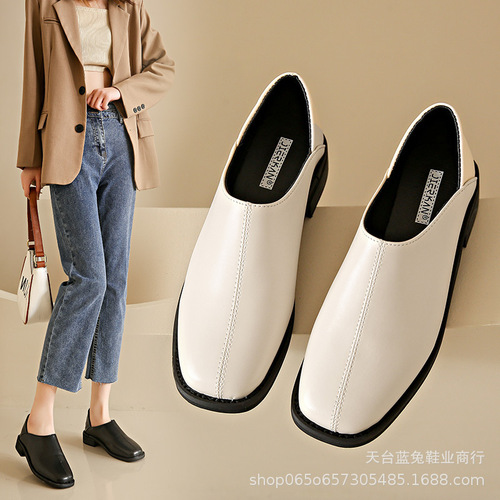 Single-layer women's 2025 new women's shoes autumn Korean square toe small leather shoes women's two-wear slip-on shoes wholesale foreign trade large size