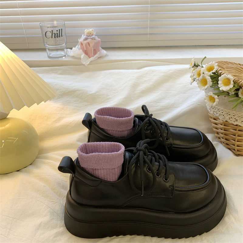 Universal Mary Jane shoes platform English style with shoelaces