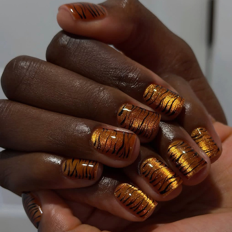 Maillard Cat Eye Wearable Nails Metallic Orange Black Tiger Pattern Short Square Manicure Pieces Gorgeous Party False Nails Wholesale