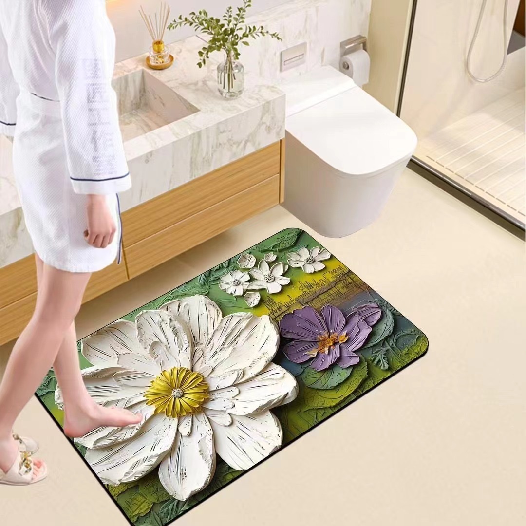 Alfombra absorbente para baño con diseño de flores pintadas al óleo, alfombra suave de barro de diatomeas, alfombra para entrada de baño, alfombra antideslizante para puerta de baño