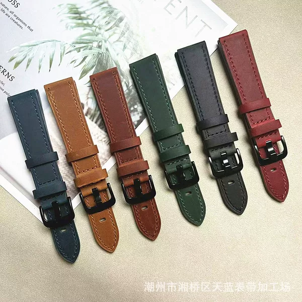 Crazy Horse Head Layer Cowhide Genuine Leather Strap Olein Wax Vintage Watch with Pin Buckle for Huawei Apple and Other Watches