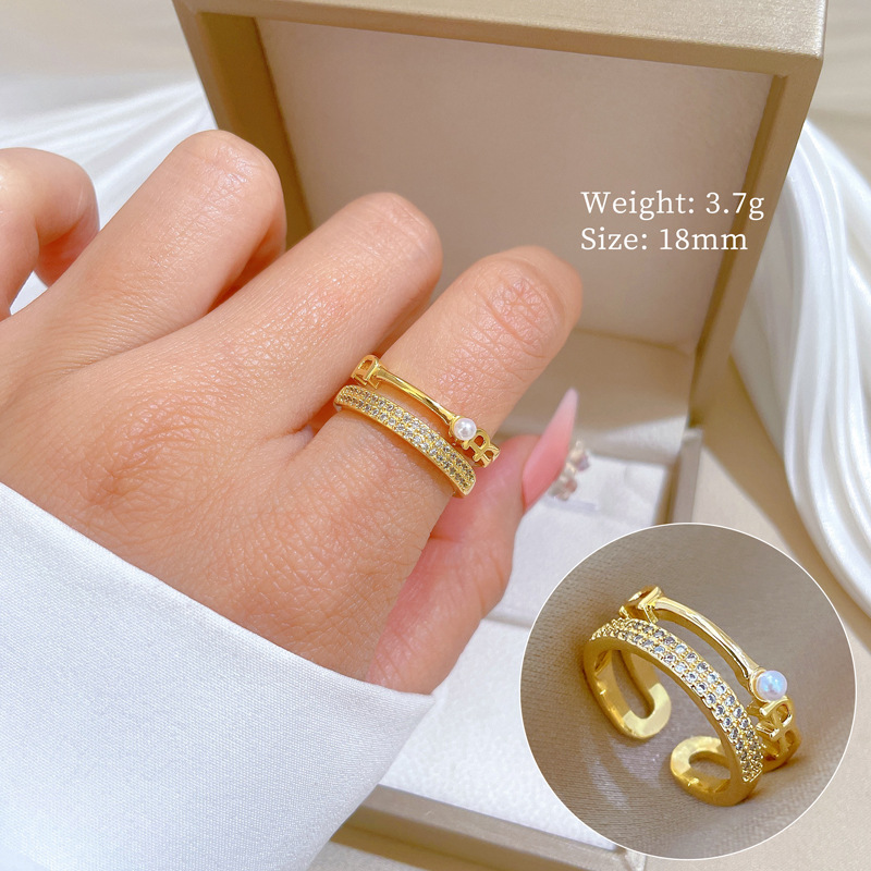 Doppelter Perlen- und Diamantring, verstellbar, schlichter japanischer Schmuckring, Partnerring_voghion.com