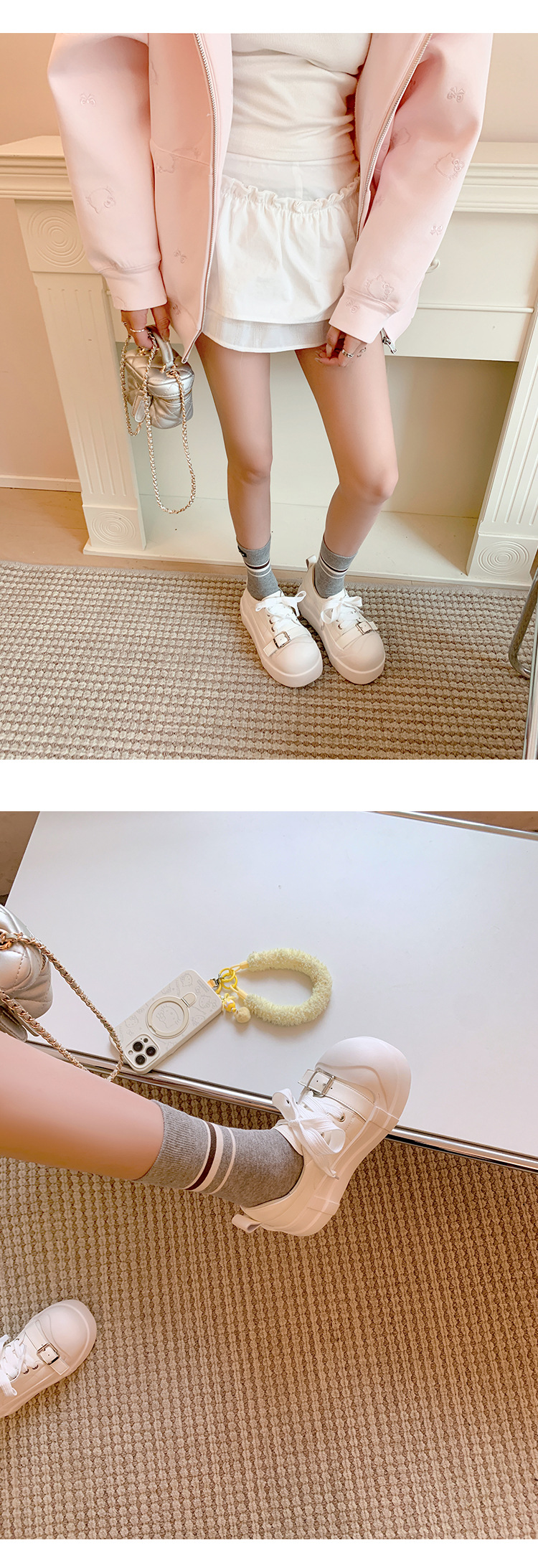 Giày sneaker nữ đế dày da thật phong cách platform khóa dây — màu đen, màu trắng chi tiết 20