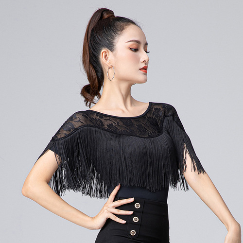 Black Lace fringed Latin Ballroom dancing shirts for woman female teacher training shows the etiquette training modern dance tops for female