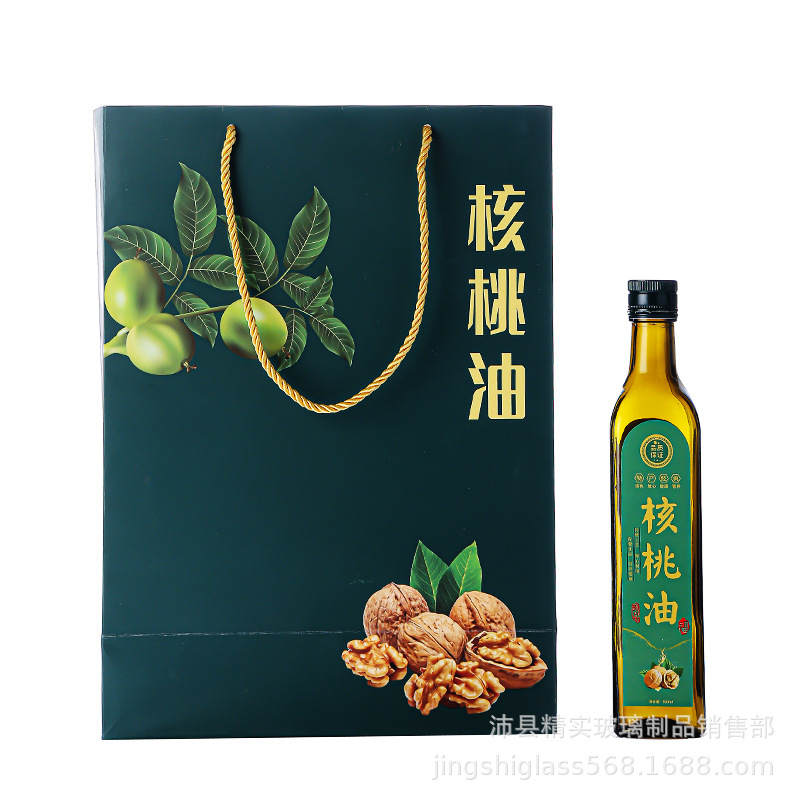 【礼盒套装】批发500ML墨绿色棕色圆形橄榄油瓶方形核桃油玻璃瓶