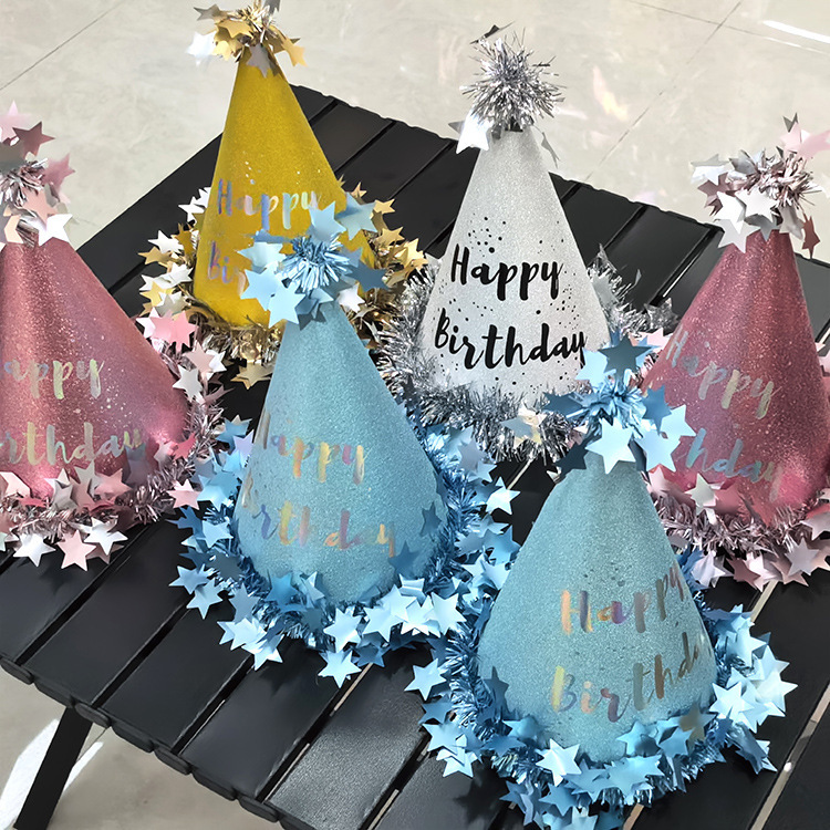 New Gilt Shiny Star Birthday Hat for Kidsren and Adults Internet Celebrity Pointed Birthday Hat Party Hat Fur Ball Hat