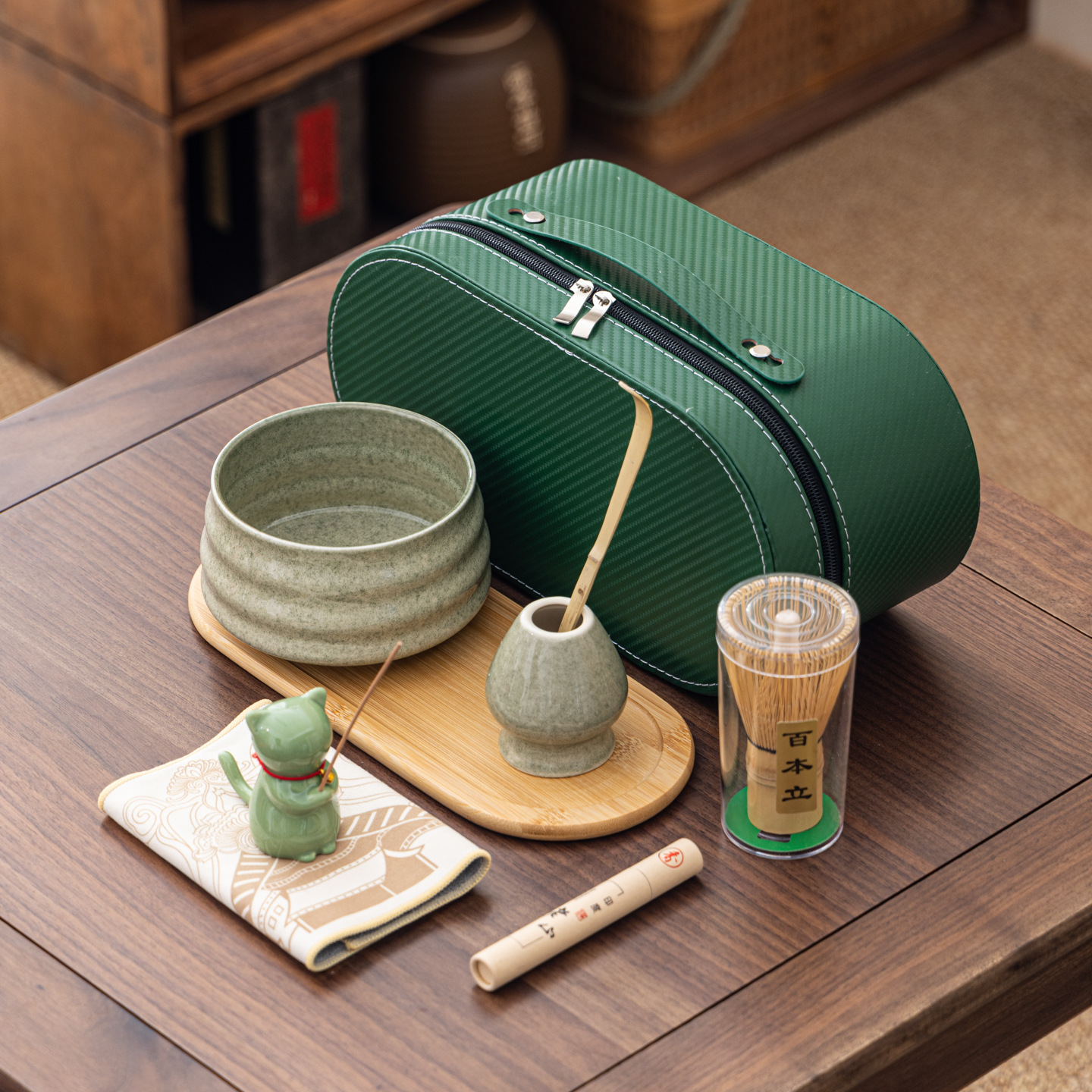 Cuenco de matcha corrugado caja de cuero set adorable gatito Xiangdao ocho piezas set punto té 100 tazas de té