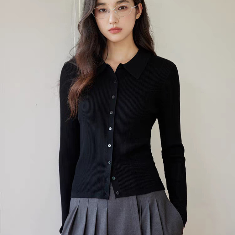 Minimalist 100% Fine-Spun Australian Wool Polo Collar Knit Sweater with Fine Ribbed Button Cardigan