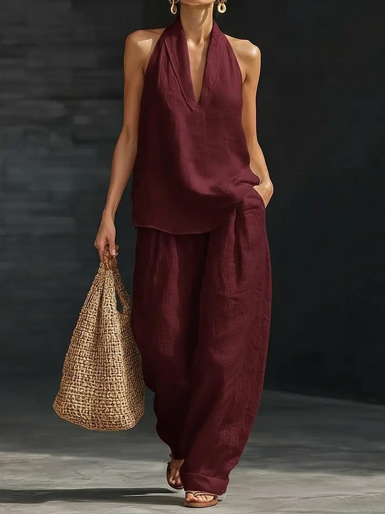Women's Linen Two-Piece Set Vest And Camisole Office Casual Summer Outfit Breathable Comfort_ecoleips.com