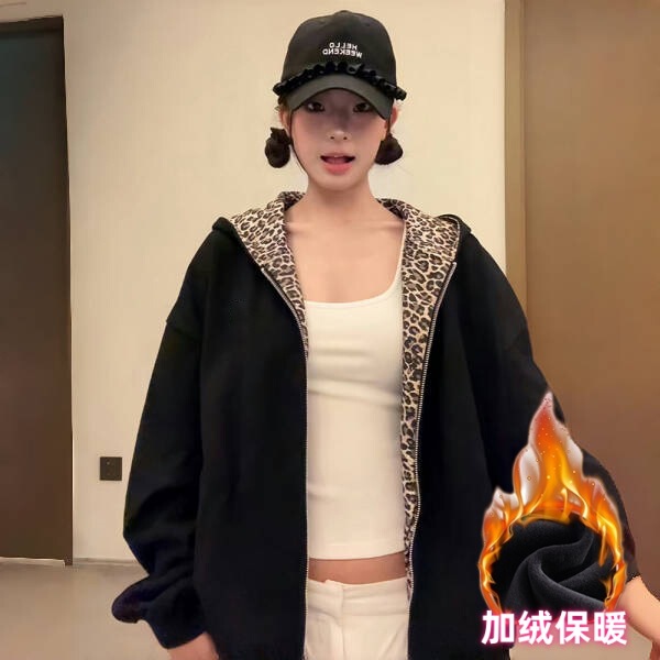 美式复古连帽卫衣外套女2025秋季豹纹拼接开衫宽松情侣拉链上衣潮|undefined