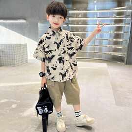男童荃棉短袖印花衬衫裤子两件套儿童中大童夏装套装薄款炸街帅气