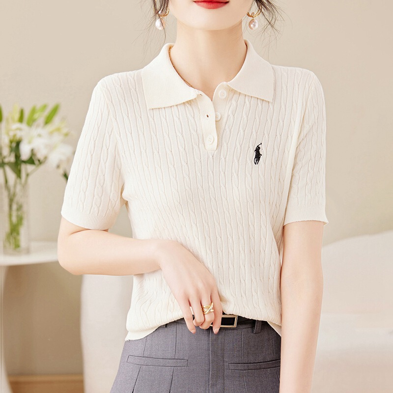 Lar POLO Collar Knitted T-Shirt Women's Short-sleeved 2025 Summer New Arrival Thin Twists Embroidered Top Base Shirt Trendy