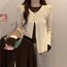 温柔撞色拼接假两件长袖针织衫女秋季新款设计感修身显瘦外穿上衣