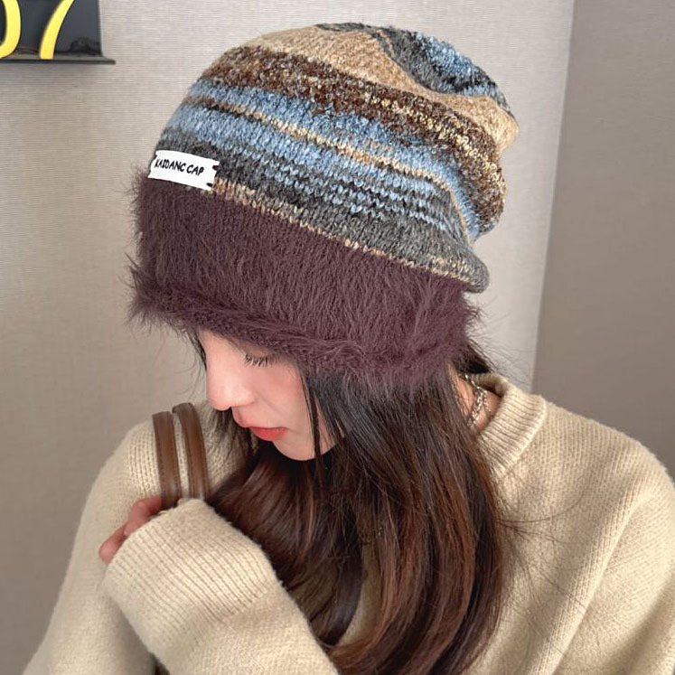 秋冬新款毛绒包头针织帽子女大头围显脸小堆堆帽子时尚毛线帽冷帽