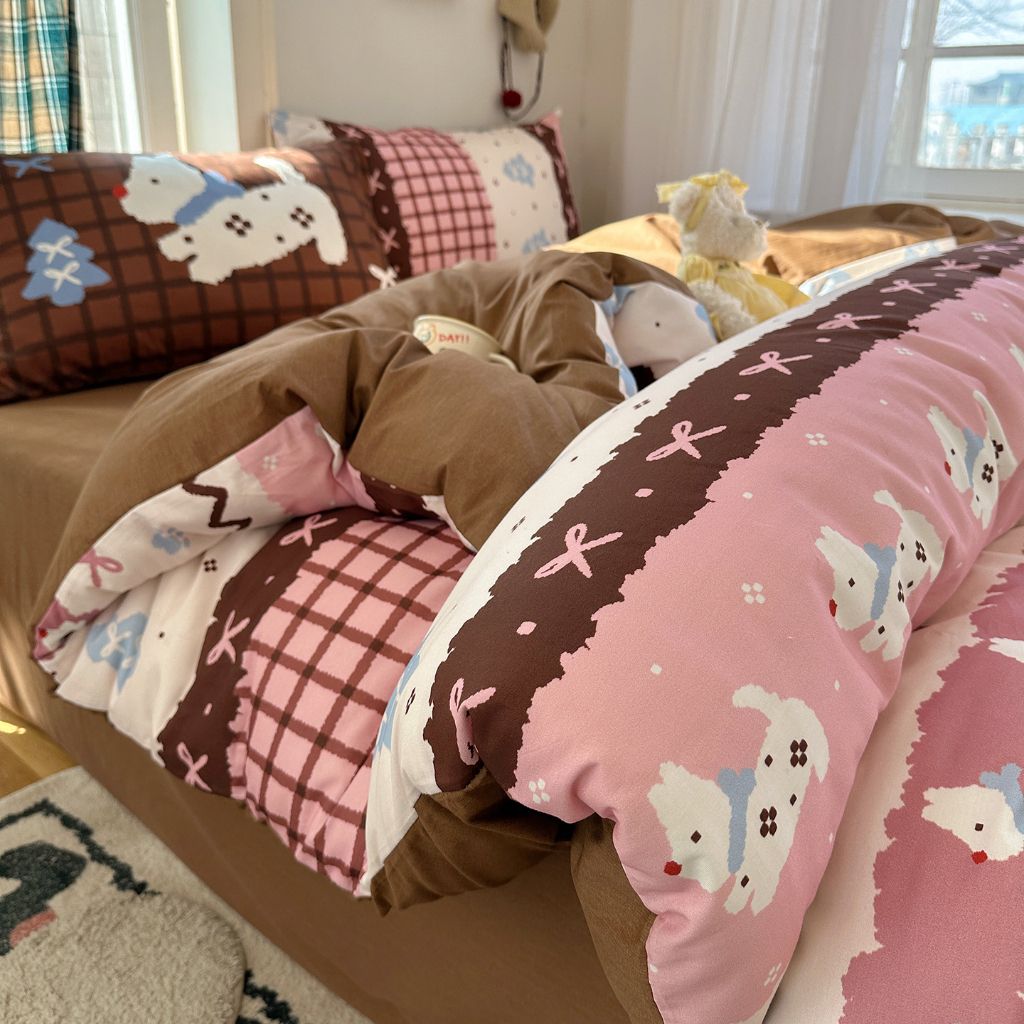 Mezcla de algodón impresa digital grande funda de almohada pequeña serie fresca gatos lindos cuatro piezas dormitorio tres piezas cama