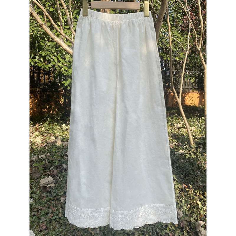 2026 Spring and Summer New Style Artistic Retro Design Lace Splicing Nine-Point Wide-Leg Pants Casual Pants Cotton and Linen Women's Clothing