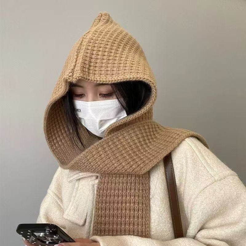 韩版披肩帽子围巾一体两件套纯色保暖秋冬季两用针织拉法是时尚帽|undefined