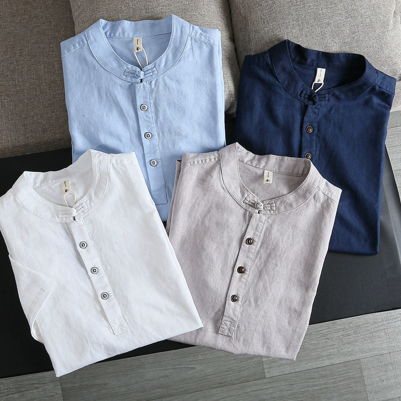 3305 # пряжка в китайском стиле, летняя Мужская дышащая пуловер из смесового льна с воротником-стойкой, Повседневная льняная рубашка с короткими рукавами