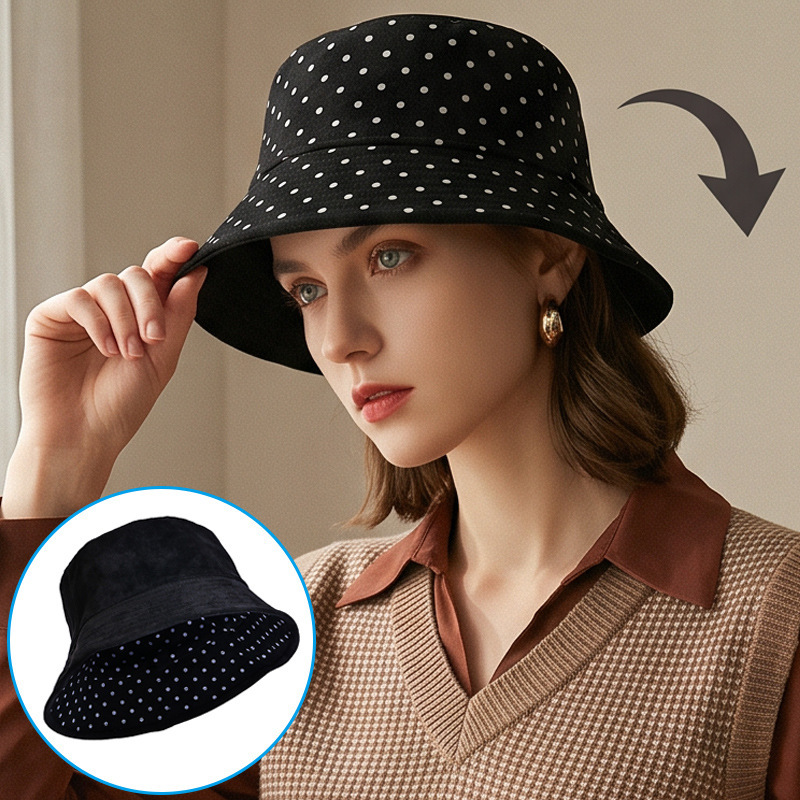 Trendy Melard polka dot fisherman hat, autumn/winter style, reversible bucket hat, retro design, makes the face look smaller, casual and versatile, women's hat