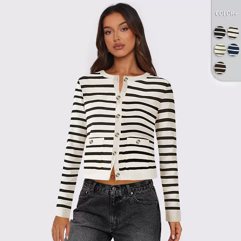 2025新款欧美女装气质优雅条纹纽扣开衫高级感漂亮小香风短款外套