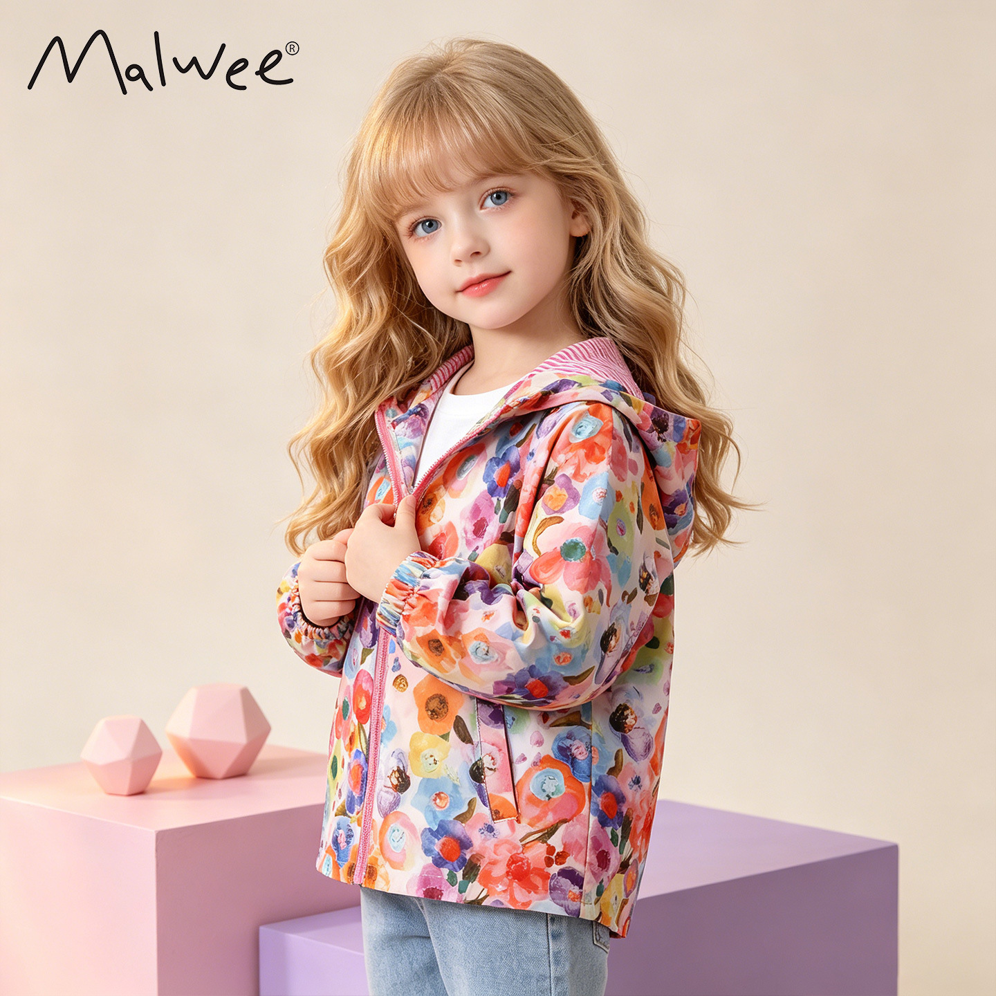 Malwee girls' autumn and winter new style European and American style casual printed hooded zip-up top for toddlers and preschoolers